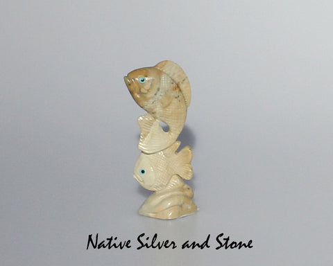 Z Fish - Two Stacked<br>Zuni Fetish Carving<br>Hudson Sandy<br>Picasso Marble w Turquoise & Jet Eyes