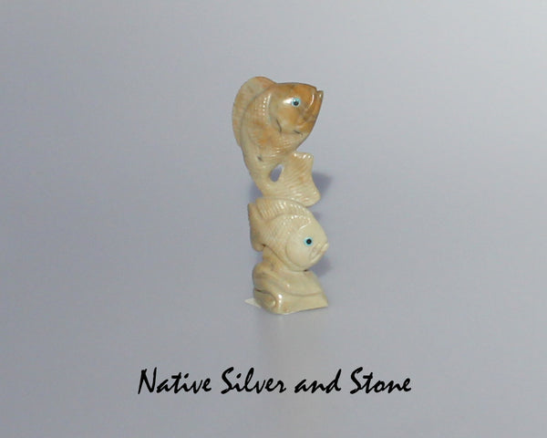 Z Fish - Two Stacked<br>Zuni Fetish Carving<br>Hudson Sandy<br>Picasso Marble w Turquoise & Jet Eyes