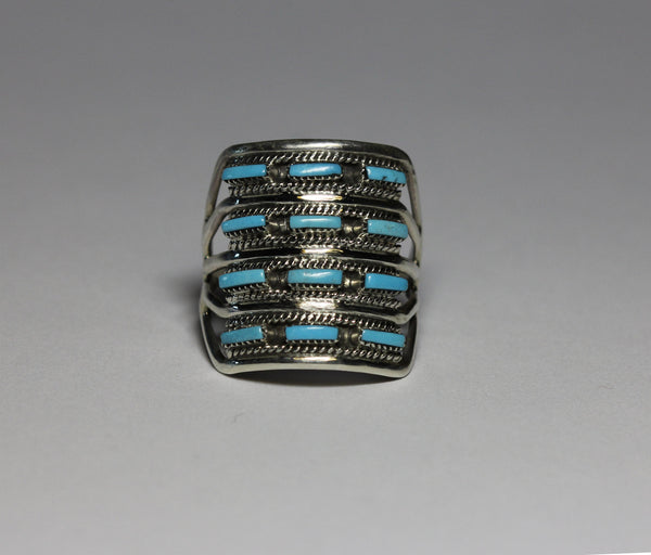 Z Cecil & Connie Hattie Johnson - Zuni<br>Ring - 4 Row Needlepoint<Br>12 Sleeping Beauty Turquoise Inlay
