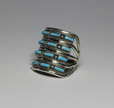 Z Cecil & Connie Hattie Johnson - Zuni<br>Ring - 4 Row Needlepoint<Br>12 Sleeping Beauty Turquoise Inlay