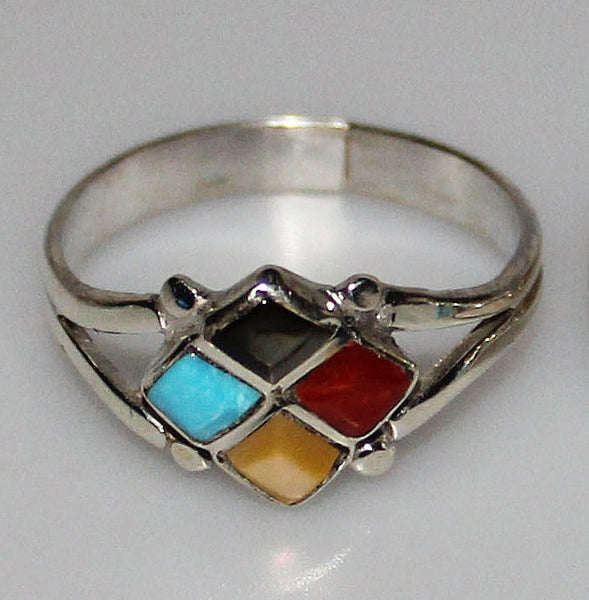 Z DL Chavez - Zuni<br>Native American Jewelry - Ring<br>4 Inlaid Diamonds Multi-Stone Tuquoise, Coral, Mother of Pearl
