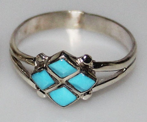 Z DL Chavez - Zuni<br>Ring <br>4 Inlaid Diamonds Turquoise<br>Sterling Silver
