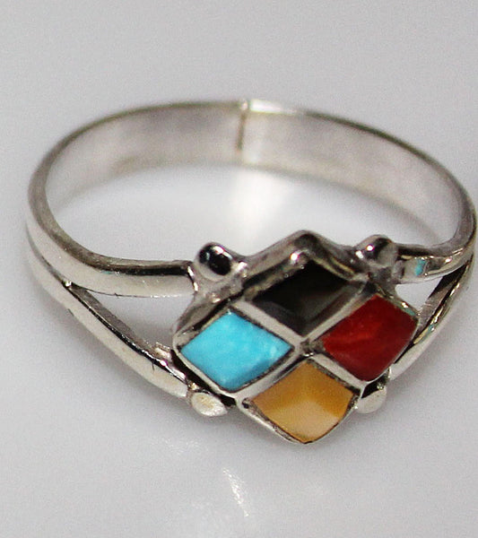 Z DL Chavez - Zuni<br>Native American Jewelry - Ring<br>4 Inlaid Diamonds Multi-Stone Tuquoise, Coral, Mother of Pearl