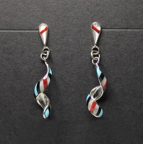 Idella Edaakie - Zuni Jewelry<br>Earrings - Dangle-Post White Top<br>Spiral Multi-Inlay "Barberpole"<br>White Mother of Pearl<br>Coral,Jet, Turquoise<br>Size Medium