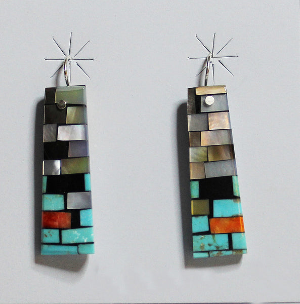 Z Charlene & Frank Reano<br>(Ke-Wa - Santo Domingo) Jewelry<br>Earrings - French Wire<br>Vertical Rectangle<br>Multi-Inlay Mosaic<br>Mother of Pearl in Tones of:<br>White-Brown-Gold & Grey,<br>Green Turquoise,  Jet, and Coral