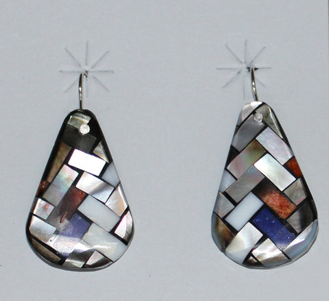 Z Charlene & Frank Reano<br>(Santo Domingo/Ke-Wa) Jewelry<br>Earrings - French Wire<br>Multi-Inlay Mosaic<br>Mother of Pearl in Tones of:<br>White-Brown-Gold & Grey,<br>Lapis,  Jet, and Coral