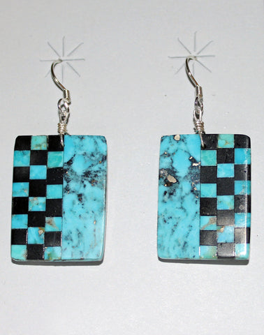 Z Rudy & Mary Coriz<br>Santo Domingo/Ke-Wa Jewelry<br>Earrings - French Wire Rectangles<br>Turquoise & Jet -1/2 Checkboard