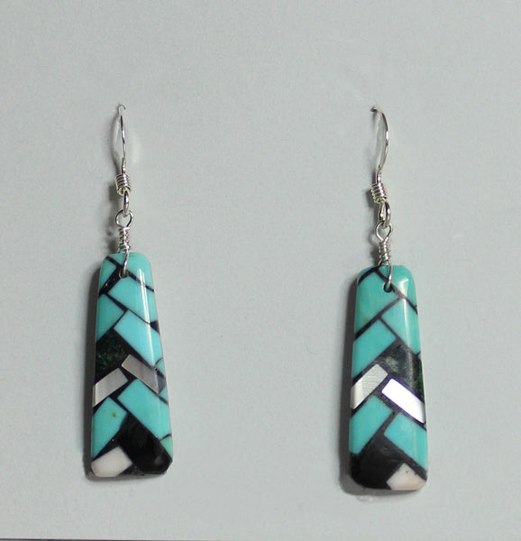 Z Angie Reano Owen<br>Ke-Wa/Santo Domingo Jewelry<br>Earrings-French Wire<br>Multi-inlay Mosaic Sm Rectangles<br>Green Turquoise, White Mother of Pearl, Jet