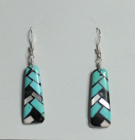 Z Angie Reano Owen<br>Ke-Wa/Santo Domingo Jewelry<br>Earrings-French Wire<br>Multi-inlay Mosaic Sm Rectangles<br>Green Turquoise, White Mother of Pearl, Jet