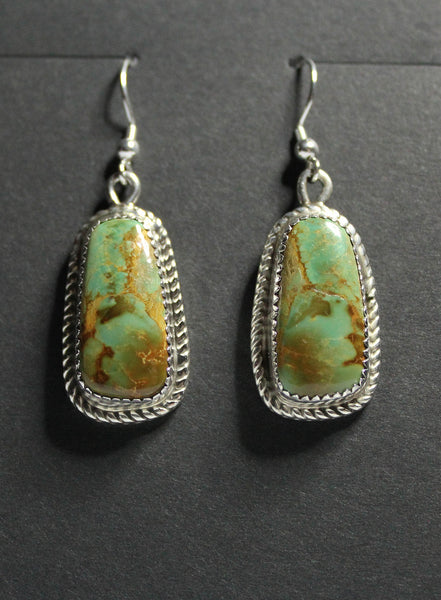 Z Gene & Martha Jackson<br>Both Deceased<br>Navajo Jewelry<br>Earrings - French Wire<br>Vertical Oblong Green Turquoise<br>in Sterling Silver with<br>Twist Wire Perimeter
