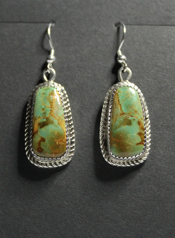 Z Gene & Martha Jackson<br>Both Deceased<br>Navajo Jewelry<br>Earrings - French Wire<br>Vertical Oblong Green Turquoise<br>in Sterling Silver with<br>Twist Wire Perimeter
