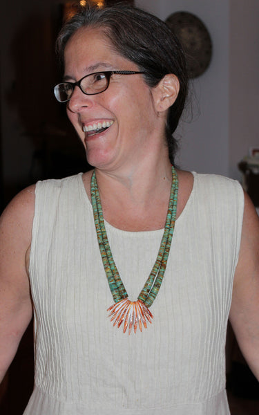 Z James Del (Deceased)  & Doris Coriz<br>Santo Domingo/Kewa<br>Fantail Necklace<br>Kingman Turquoise &<br>Orange Spiny Oyster
