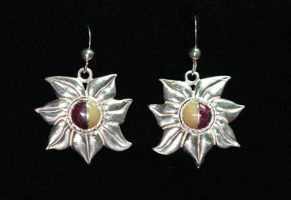 Bennard & Frances Dallasvuyaoma Hopi/Pima<br>7/8" Earrings Sun Flower<br>Eudialite & Gold Opal<br>Sterling Silver