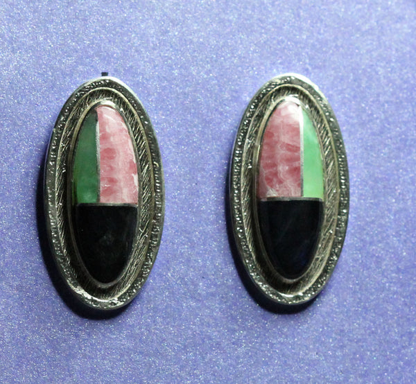 Dallasvuyaoma (Hopi/Pima) Jewelers<br>Earrings Post/Stud Multi-Inlay<br>(3) Stone Lge Vertical Oval