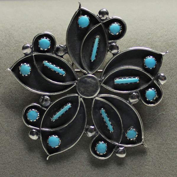 Z Veronica Martza - Zuni<br>1-13/16" Pendant/Pin<br>Flower- Sleeping Beauty Turquoise Accents<br>Sterling Silver