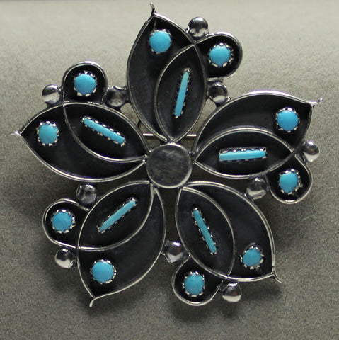 Z Veronica Martza - Zuni<br>1-13/16" Pendant/Pin<br>Flower- Sleeping Beauty Turquoise Accents<br>Sterling Silver