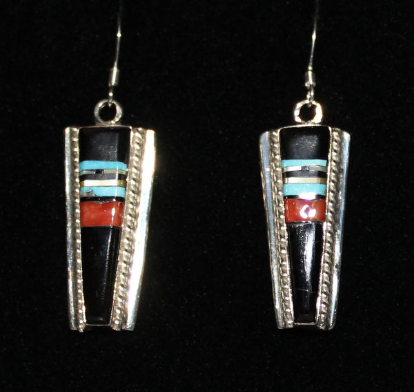 Z Rayland & Patty Edaakie (Zuni)<br>(RP Edaakie)<br>Earrings - French Wire<br>Jet, Orange Spiny, White MOP<br>Multi-Inlay