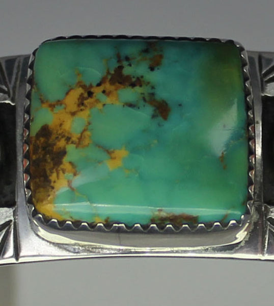 Z Peter Nelson - Navajo<br>Bracelet Cuff 3/4" <br>Natural Green Royston Turquoise Square & Coral<br>Sterling Silver Oxidized Overlay<br>w Stamping<br>Size 6-3/4" (Medium-Large)