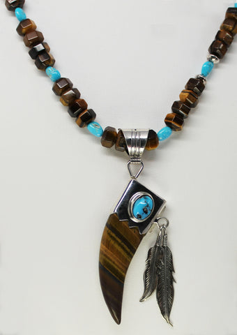 Z Running Bear Shop -Navajo<br><br>Necklace with Pendant<br>Tiger Eye & Turquoise Bear Claw<br>with Sterling Silver Feathers