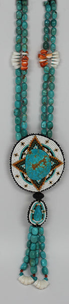 Joe & Le Jeune Chavez<br>Santo Domingo/Kewa-Seminole<br>Necklace -Beaded<br>Turquoise & Orange Spiny Oyster