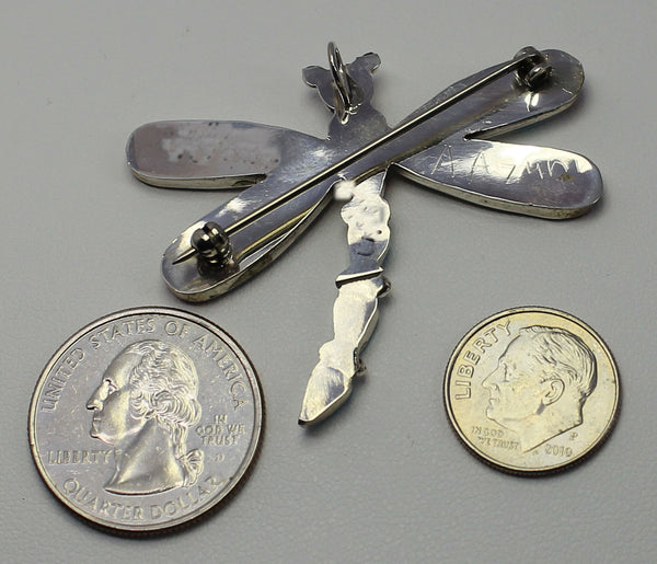 Z Angus Ahiyite - Zuni Jewelry<br>Pendant/Pin<br>Dragonfly with Large w Curved Tail<br>White Mother of Pearl, Turquoise, Coral