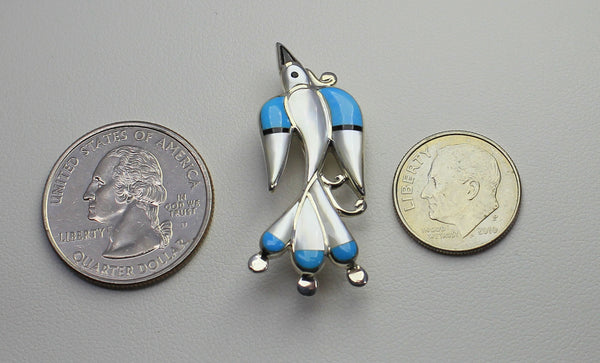 Z G Quam - Zuni<br>Pendant/Pin<br>Peyote Bird-Multi-Inlay<br>White Mother of Pearl, Turquoise, & Jet<br>Sterling Silver