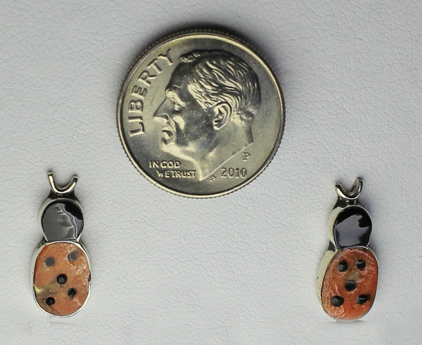 SC - Zuni Jewelry<br>Earrings - Post/Stud - Ladybugs<br>Orange Spiny Oyster & Jet Multi-Inlay<br>