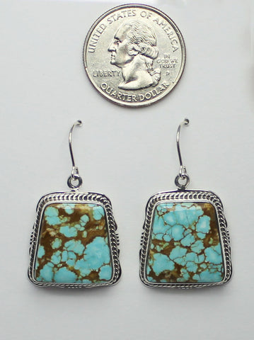 Z Kathy Yazzie - Navajo Jewelry<br>Earrings - Hook<br>#8 Turquoise Trapezoidal<br>Silver Wire & Cut-Out Accent Perimeter