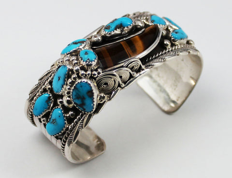 Z Running Bear - Navajo<br>1" Bracelet-Cuff<br>Tiger Eye "Bear Claw"<br>Turquoise Nuggets<br>Sterling Silver