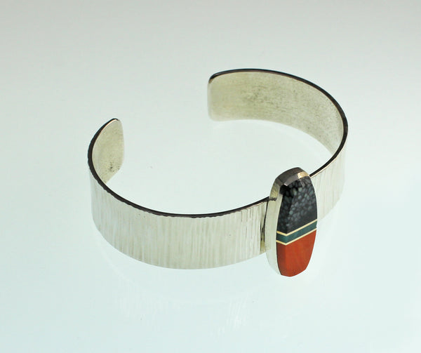 Duane Maktima - Laguna/Hopi<br>Bracelet Cuff (Only)<br>Chalcosiderite, Gem Silica, Orange Rosarita<br>Sterling Silver<br>Size 6-1/4 (Small Medium)