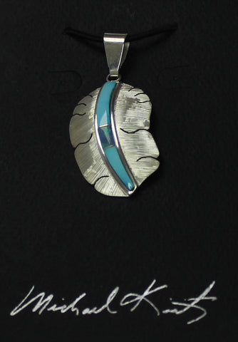 Z Michael Kirk (Isleta/Navajo)<br>Pendant - Feather Etched Argentium Sterling Silver<br>with Sleeping Beauty Turquoise Inlay& Opal