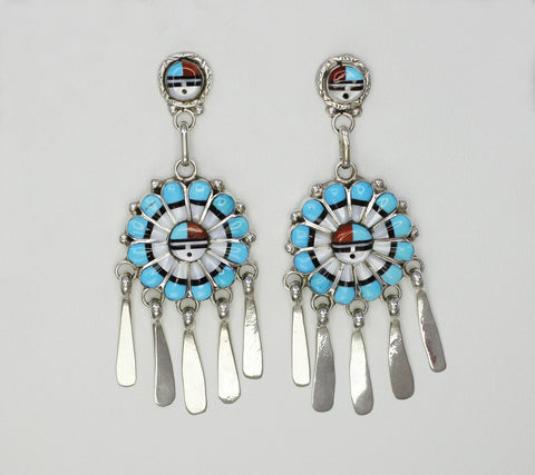 Z Earrings  - Dangle-Post <br>Double Sunface with Silver Dangles<br>RC Gasper (Zuni)<br>Turquoise, White Mother of Pearl, Coral, and Jet w Sterling Silver Dangle "Paddles"