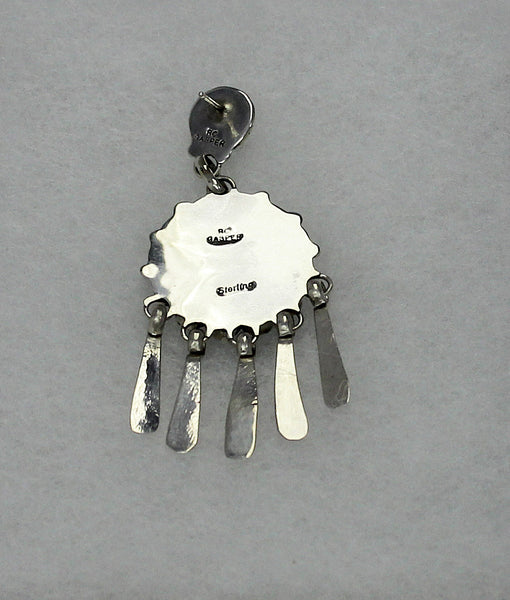 Z Earrings  - Dangle-Post <br>Double Sunface with Silver Dangles<br>RC Gasper (Zuni)<br>Turquoise, White Mother of Pearl, Coral, and Jet w Sterling Silver Dangle "Paddles"