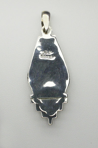 Z Rayland & Patty Edaakie (Zuni)<br>(RP Edaakie)<br>Pendant with Muti-Inlay<br>Coral, White Buffalo, Jet.<br>& White Mother of Pearl<br>Long Inlay Triangle with<br>Stamped Sterling Silver Perimeter<br>White Buffalo, Coral, Jet, White Mother of Pearl
