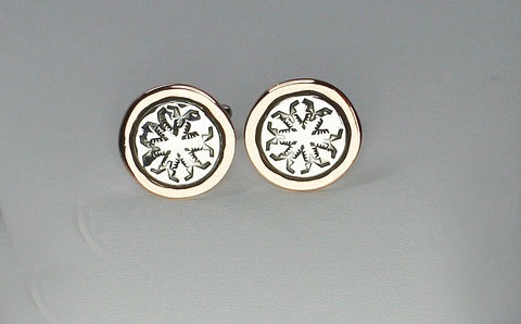 Randy Secatero & Sylvana Apache - Navajo<br>CLCS<br>7/8" Cuff Links - Round Snowflake<br>Copper with Sterling Silver Overlay and Stamping