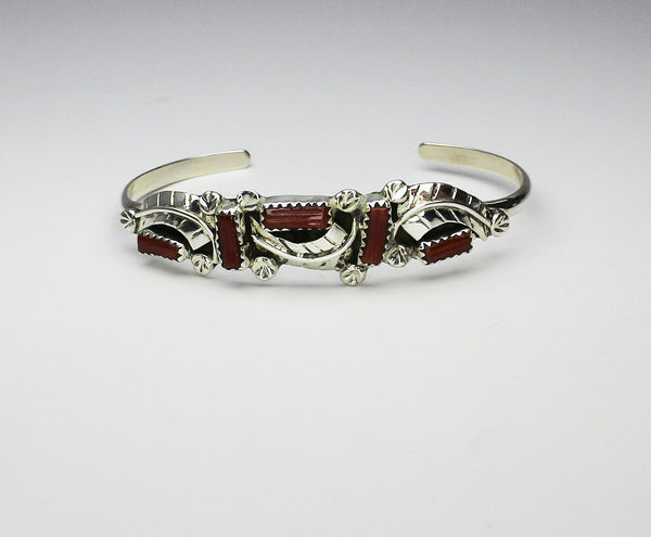 Z Amy Locaspino - Zuni Jewelry<br>Bracelet - Cuff Silver Feathers with Coral Inlay Accents<br>Size 6-1/2 (Medium)
