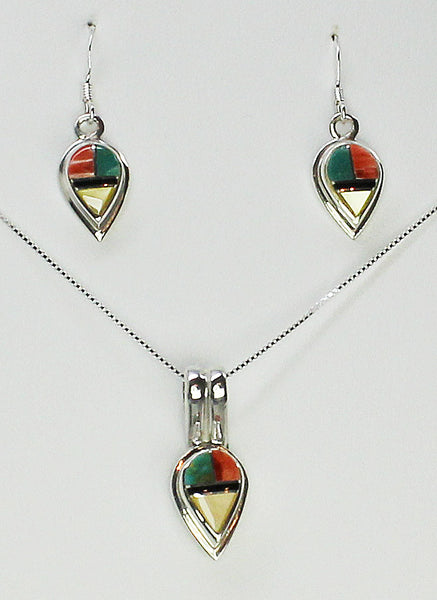Set - Multi-Inlay Reverse Teardrops<br>Pendant & Earrings (French Wire)<br>"Desert Autumn"<br>Turquoise, Orange Spiny, Jet<br>& Gold-Lip Mother of Pearl<br>18" Sterling Silver Box Chain