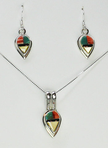 Set - Multi-Inlay Reverse Teardrops<br>Pendant & Earrings (French Wire)<br>"Desert Autumn"<br>Turquoise, Orange Spiny, Jet<br>& Gold-Lip Mother of Pearl<br>18" Sterling Silver Box Chain
