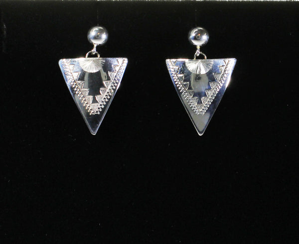 Z Howard Sice (Hopi-Laguna)<br>1-1/16" Earrings - Dangle Post<br>Sterling Silver<br>Ball Top & Triangle<br>Stamped and Etched"