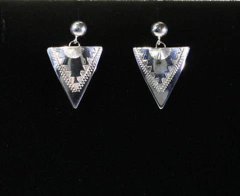 Z Howard Sice (Hopi-Laguna)<br>1-1/16" Earrings - Dangle Post<br>Sterling Silver<br>Ball Top & Triangle<br>Stamped and Etched"