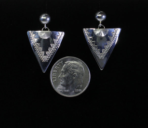 Z Howard Sice (Hopi-Laguna)<br>1-1/16" Earrings - Dangle Post<br>Sterling Silver<br>Ball Top & Triangle<br>Stamped and Etched"
