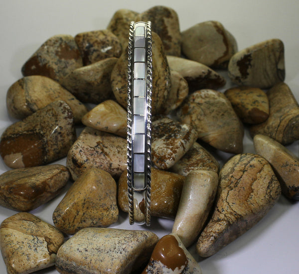 Z J Peynetsa - Zuni Jewelry<br>Bracelet Cuff 1/4" Channel Inlay<br>10 White Mother of Pearl Rectangles<br>Sterling Silver<br>with Twist Wire Accents<br>Size 6-1/2 (Medium)