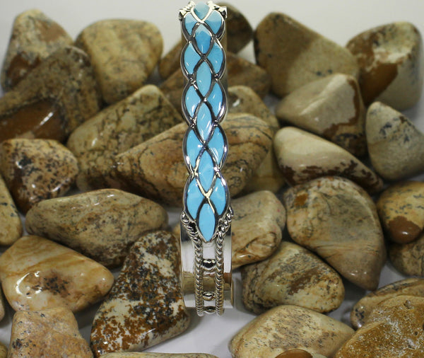 Z DL Chavez - Zuni Jewelry<br>Bracelet Cuff 3/8" Multi-Inlay<br>16 Horizontal Diamonds of Turquoise<br>Set in Sterling Silver with<br>Sterling Twist Wire & Dot Accents<br>Size 6-9/16 (Medium)