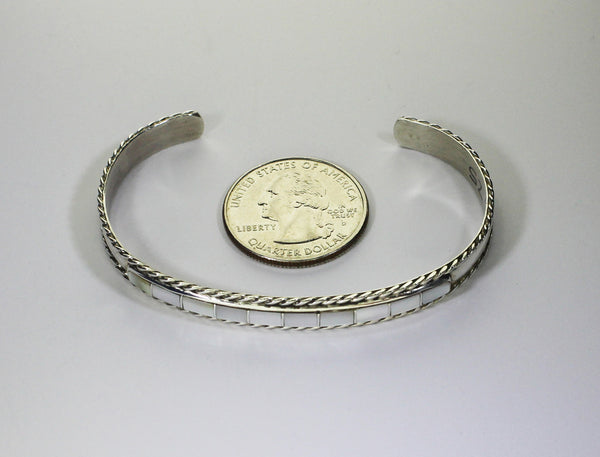 Z J Peynetsa - Zuni Jewelry<br>Bracelet Cuff 1/4" Channel Inlay<br>10 White Mother of Pearl Rectangles<br>Sterling Silver<br>with Twist Wire Accents<br>Size 6-1/2 (Medium)