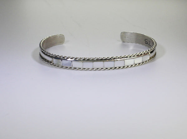 Z J Peynetsa - Zuni Jewelry<br>Bracelet Cuff 1/4" Channel Inlay<br>10 White Mother of Pearl Rectangles<br>Sterling Silver<br>with Twist Wire Accents<br>Size 6-1/2 (Medium)