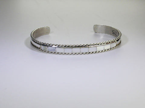 Z J Peynetsa - Zuni Jewelry<br>Bracelet Cuff 1/4" Channel Inlay<br>10 White Mother of Pearl Rectangles<br>Sterling Silver<br>with Twist Wire Accents<br>Size 6-1/2 (Medium)