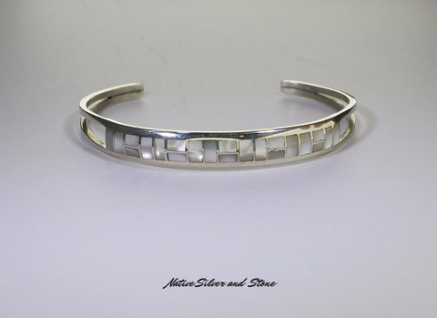 Z GT (Zuni) Jewelry<br>Bracelet Cuff 1/4" Channel Inlay<br>22 White Mother of Pearl Rectangles<br>Set in Sterling Silver<br>Size 6-1/2 (Medium)