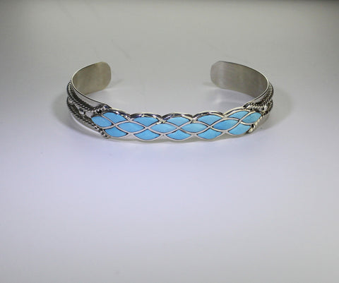 Z DL Chavez - Zuni Jewelry<br>Bracelet Cuff 3/8" Multi-Inlay<br>16 Horizontal Diamonds of Turquoise<br>Set in Sterling Silver with<br>Sterling Twist Wire & Dot Accents<br>Size 6-9/16 (Medium)