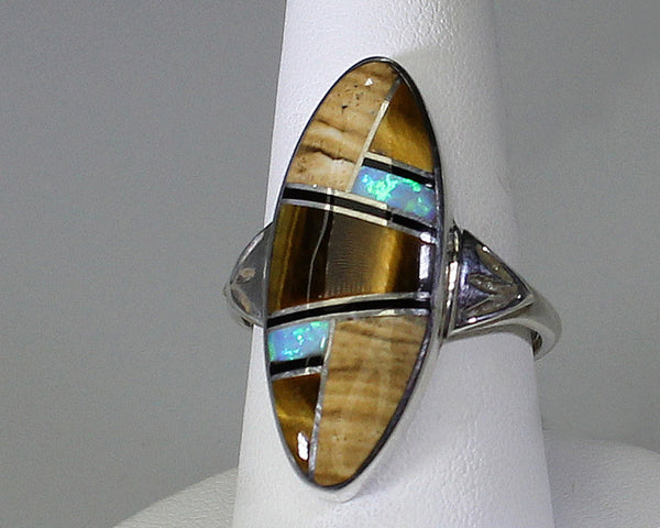 Z Cathy Webster, Navajo<br>Ring Multi-Inlay<br> Sharp Long Oval<br>Picture Jasper, Tiger Eye, Onyx, Opal<br>Sterling Silver<br>Size 9-1/4