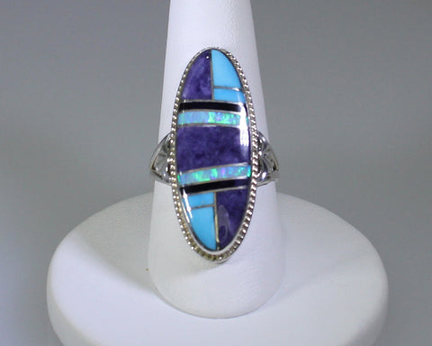 Z Cecil Ashley - Navajo<br>Ring<br>Multi-Inlay Long Oval<br>Turquoise, Morado Opal, Onyx, & Opal<br>Size 9